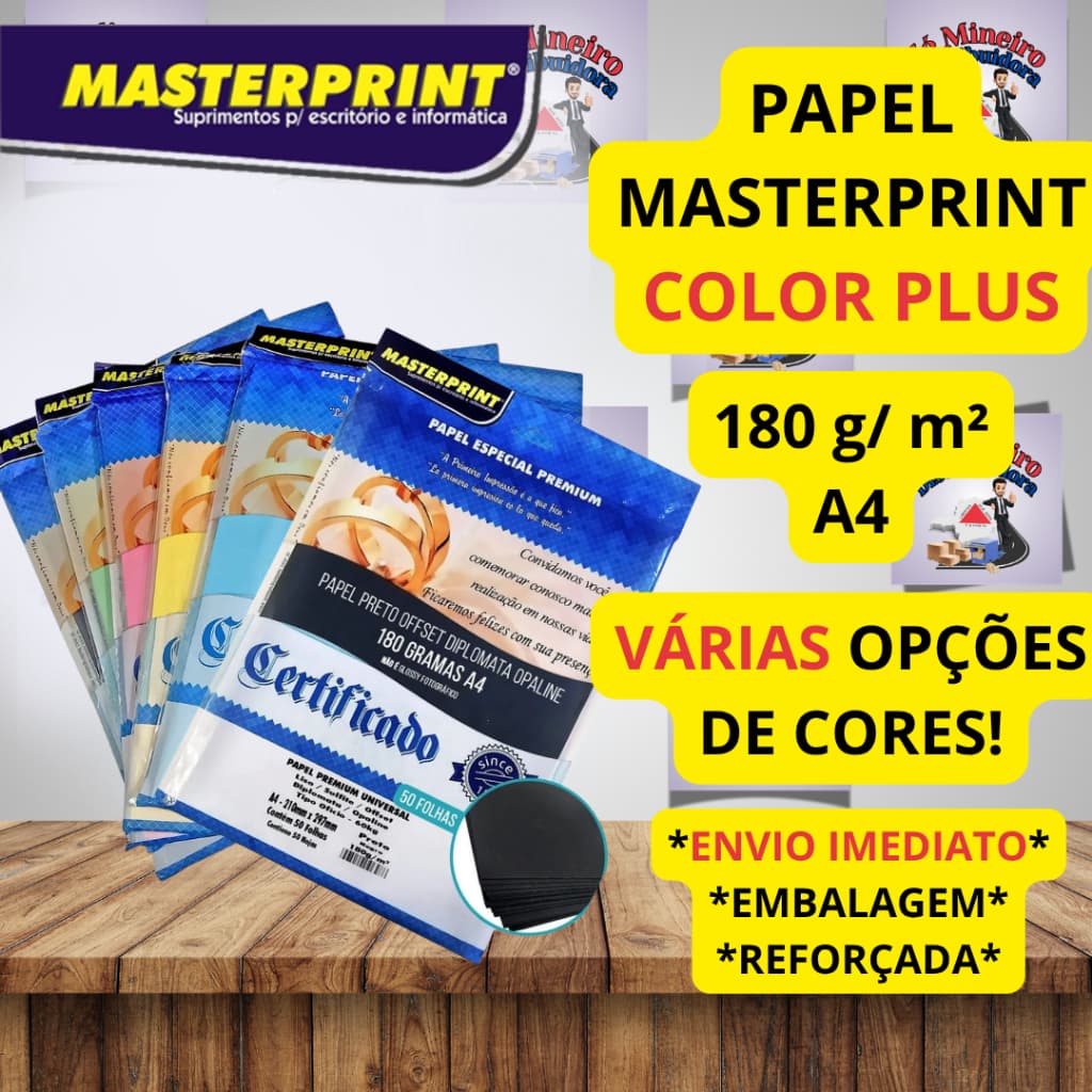 Papel Colorplus 180g A4 Masterprint - Preto Verde Vermelho Amarelo Rosa Azul Artesanato