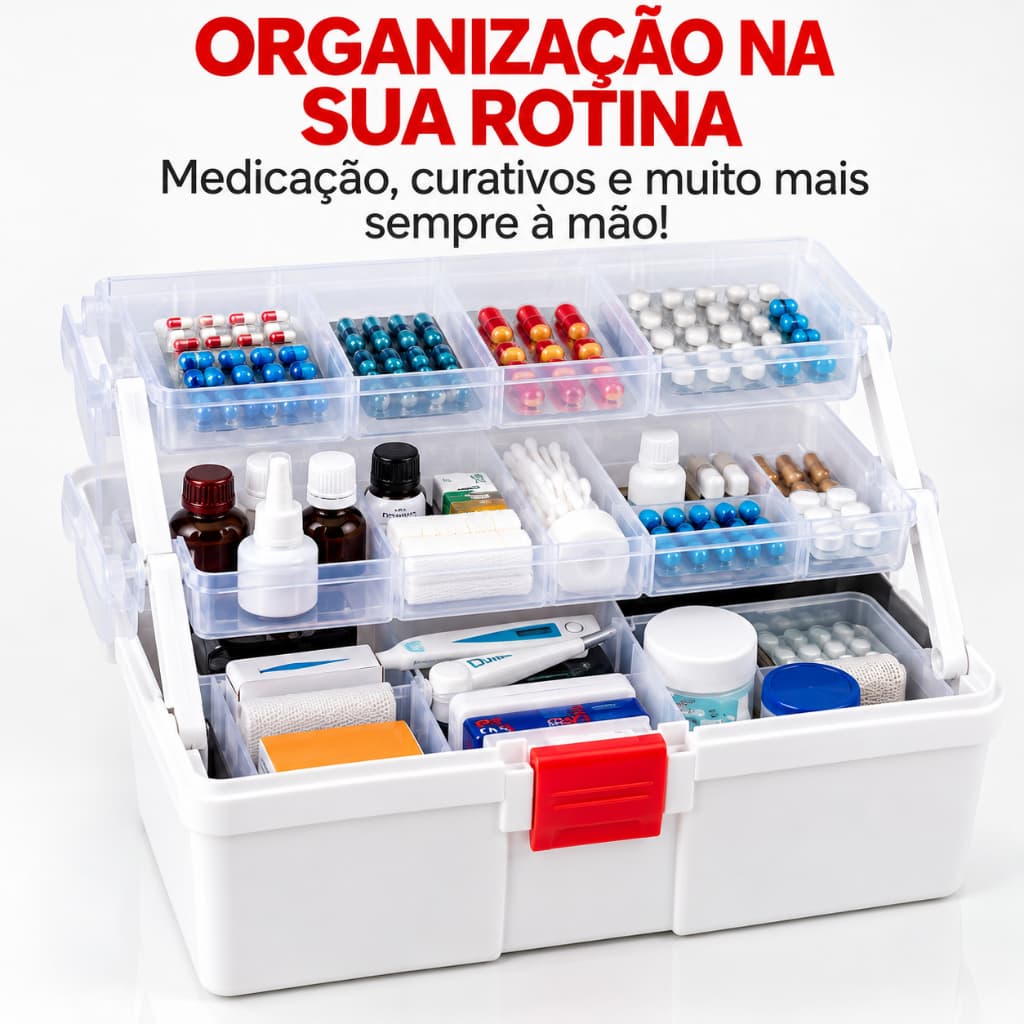 Maleta Kit Primeiros Socorros Caixa Média Frasqueira para Medicamentos de Plastico Guarda Remedios