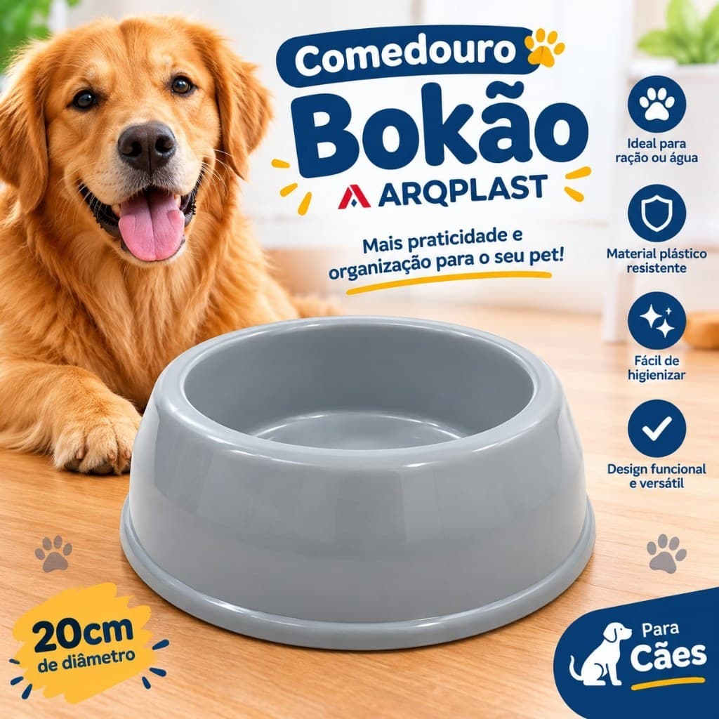 Comedouro para Cachorro Bokão Arqplast Cinza 20cm Tigela de Plástico para Ração e Água