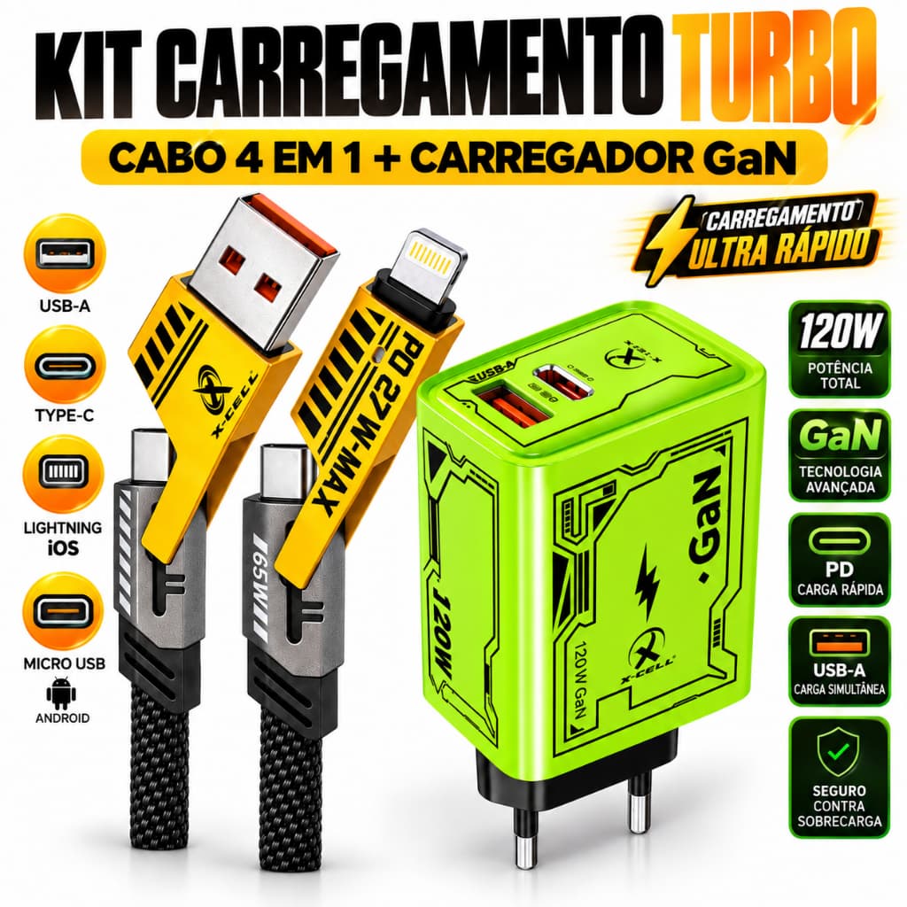 Carregador Turbo para Celular Tablet USB Tipo-C Carga Rápida X-Cell 120W GaN PD Quick Charge 3.0