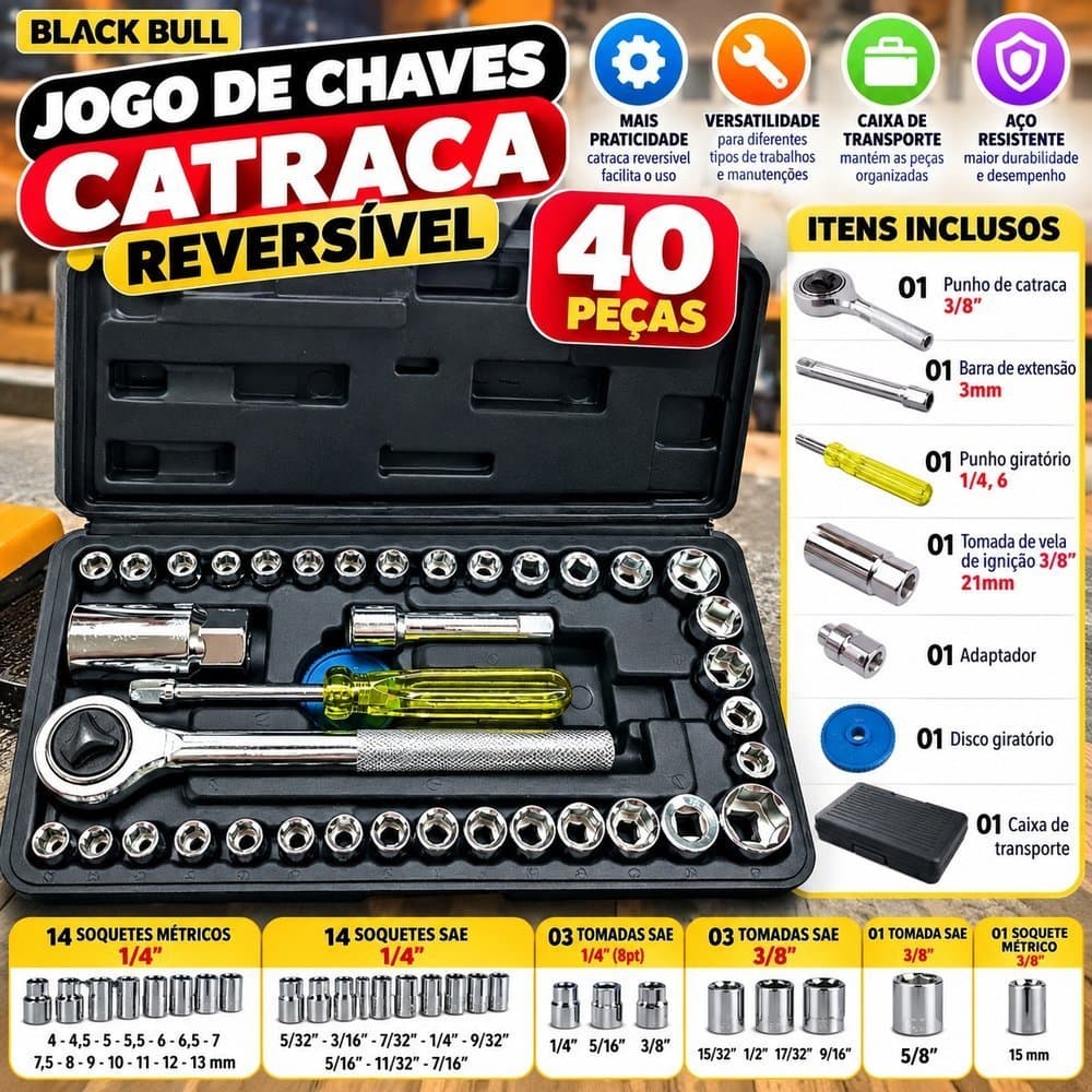 Kit de Chaves Catraca Jogo de Chave Reversível Black Bull 40 Peças com Caixa de Transporte