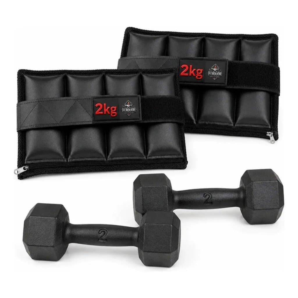 Kit 2 Caneleira 2Kg + 2 Halter 2Kg (Par) Musculação Academia Treino Peso Anilha Halter Fitness Exercícios Ferduor