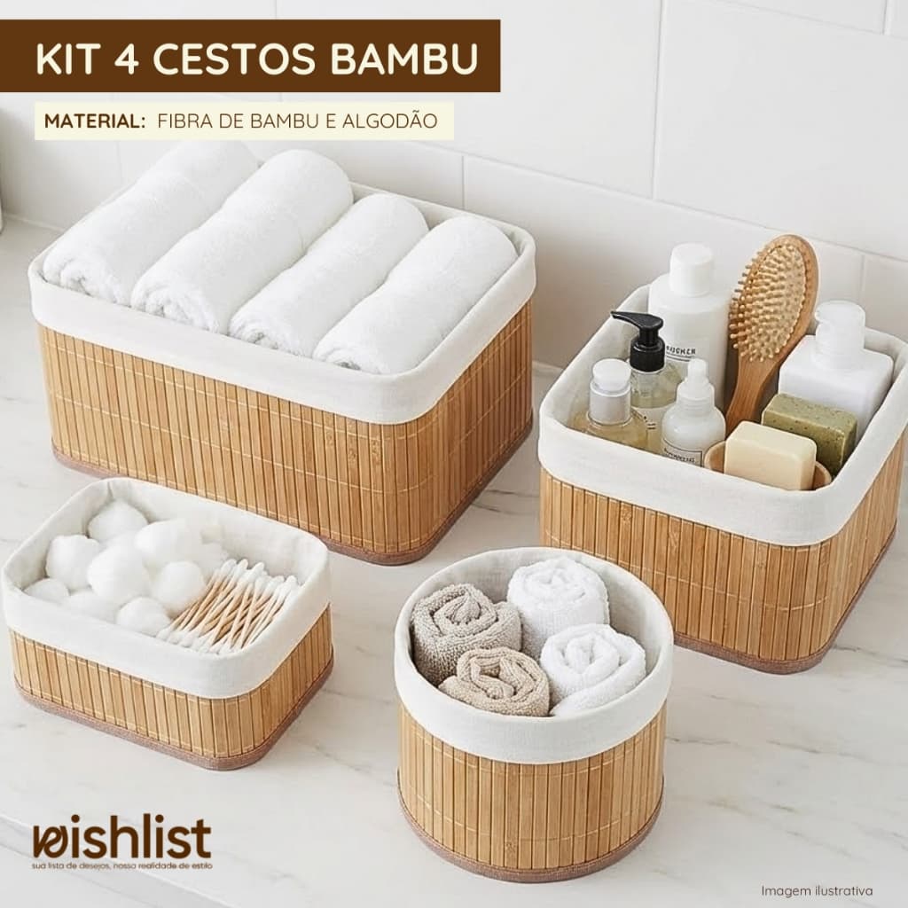 Kit 4 Cestos Organizadores Bambu Maxx Natural Bege Decoração Banheiro Quarto Escritório