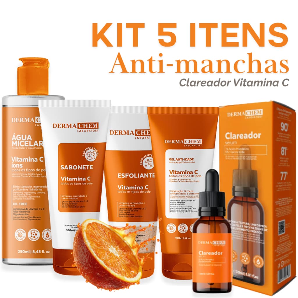 Kit Vitamina C Dermachem Skincare Clareador Facial Anti Idade Manchas e Melasma 5 Itens