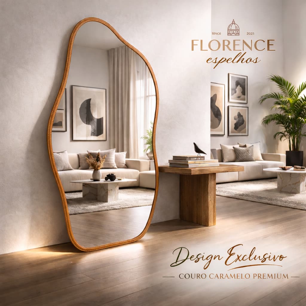 Espelho Orgânico 120x50 e 80x40 Com Moldura EM COURO Corpo Inteiro Moderno Luxo