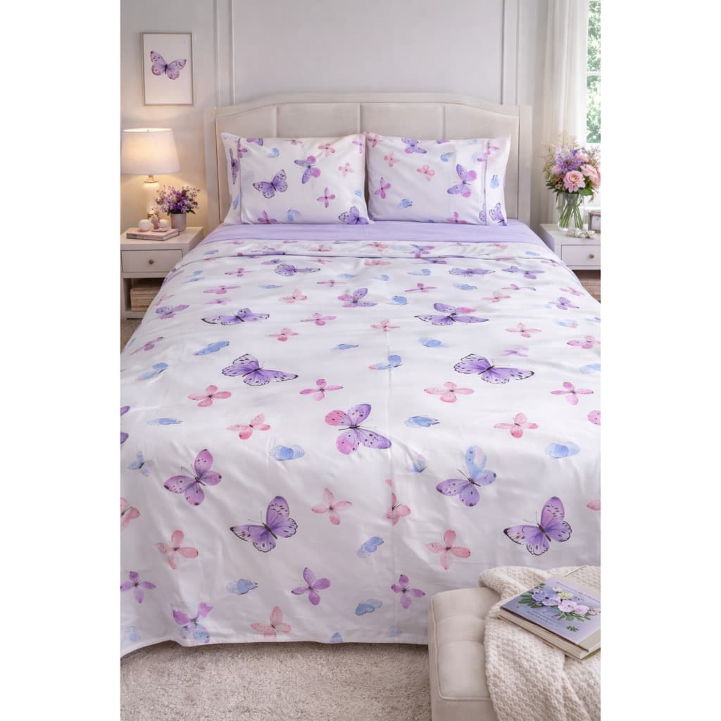 Jogo de Cama Lençol Casal Queen Super King Solteiro Borboleta Lilás 100% Algodão Macio