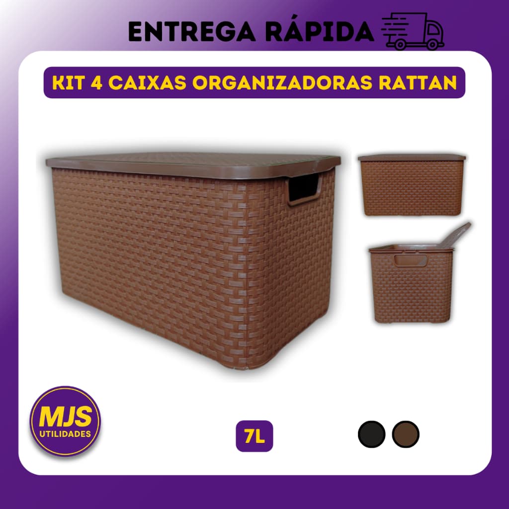 4 x Caixa Organizadora Rattan 7 Litros Arqplast Cesto Multiuso Com Tampa Empilhável Organizador Banheiro Quarto Cozinha