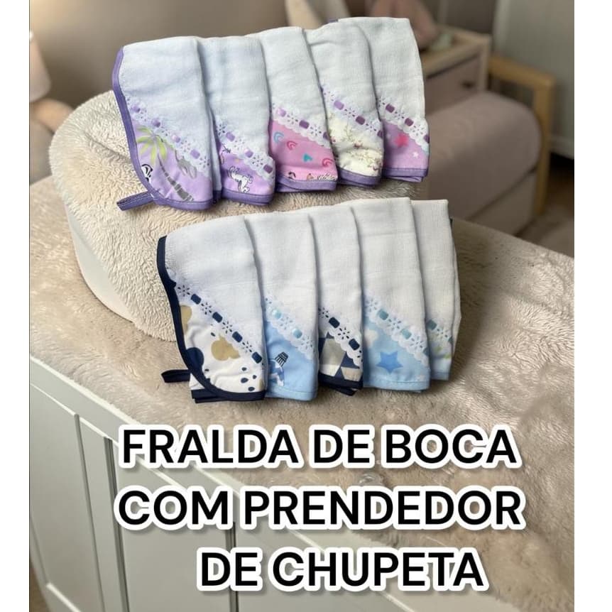 KIT 10  FRALDAS BOCA BEBÊ COM PRENDEDOR DE CHUPETA 100% ALGODÃO ENXOVAL DO BEBÊ