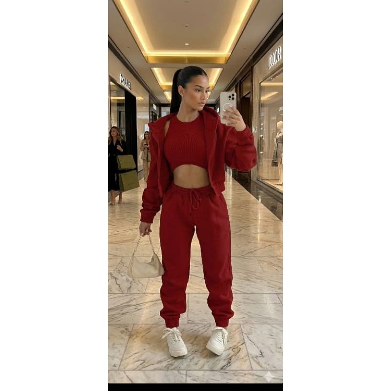 Conjunto Moletom Feminino Peluciado 3 Peças | Jaqueta + Cropped com Elastano + Calça Cós Alto | Moletom Grosso pelúciado