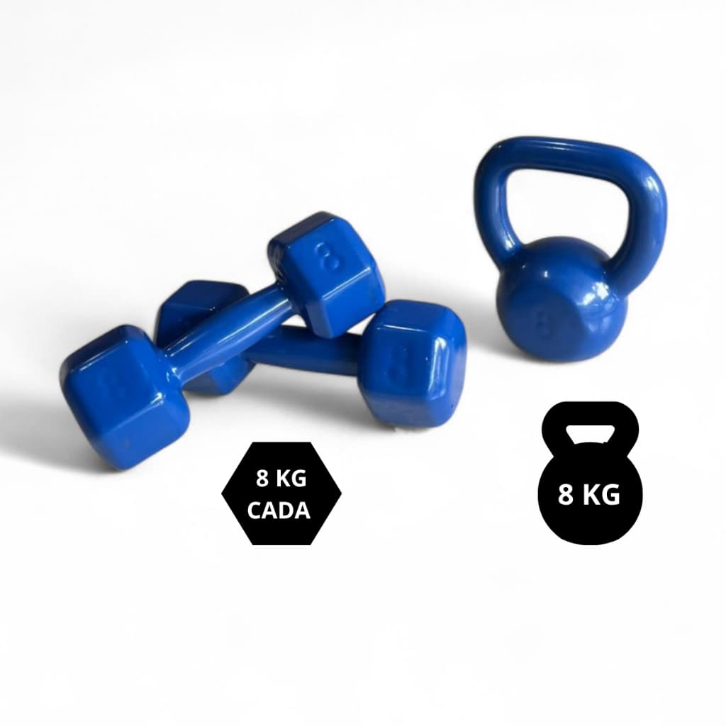 Kit Par Halter Sextavado 8kg + Kettlebell 8kg Azul Academia Peso Ferro Treino Casa Musculação Fitnes