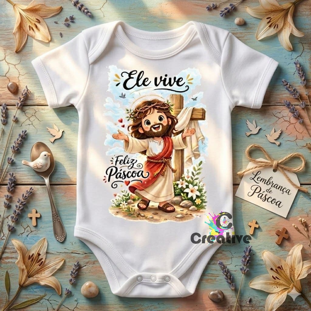 Body Bebê Páscoa Ele Vive Feliz Páscoa Body Infantil Religioso Cristão Roupa Bebê Unissex Presente Páscoa Menino Menina