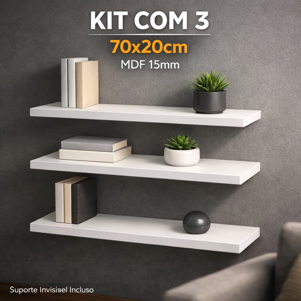 Kit 3 Prateleiras 70x20cm MDF 15mm Branco/Preto Suporte Invisível Parede