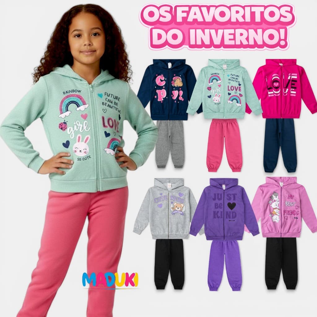 Kit 6 Peças Moletom Jaqueta com Capuz e Zíper e Calça Feminino Infantil Menina Inverno