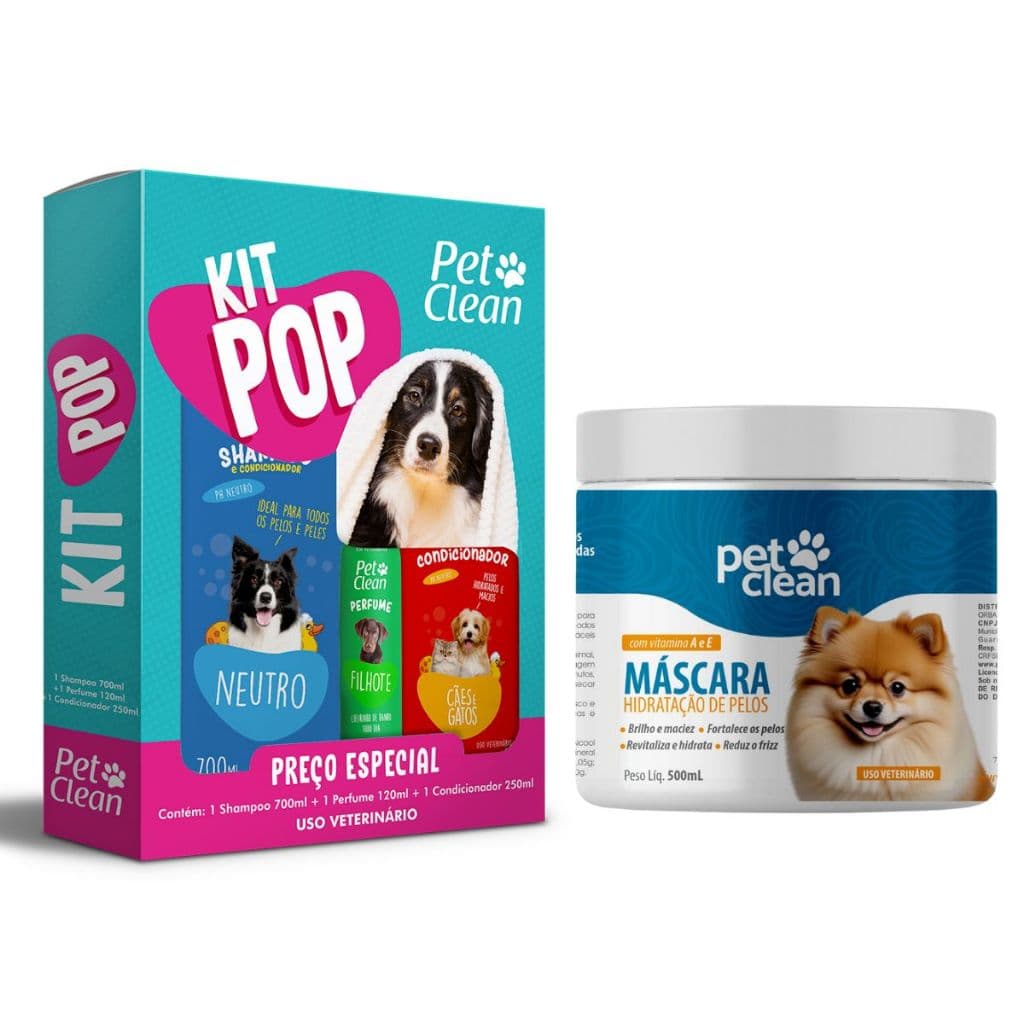 Kit Pet Clean Shampoo 2 em 1 Condicionador Perfume e Máscara de Hidratação para Cães