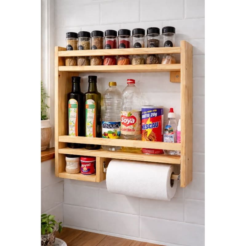 Porta Temperos de Parede em Madeira com Porta Papel Toalha | Organizador de Cozinha para Temperos, Óleo e Condimentos.