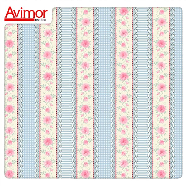 Tecido Tricoline Digital Barrado Floral Rosa Bege Azul Claro E Rosa Claro 100% Algodão Patchwork