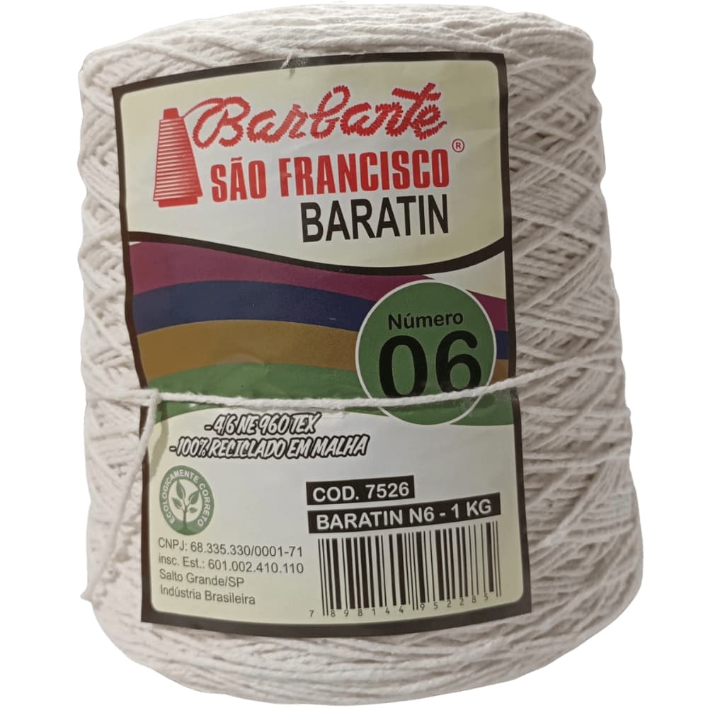 Barbante BARATIN nº06 1kg . CRU - Algodão reciclado. Linha Para Crochê. Tapete Crochê.