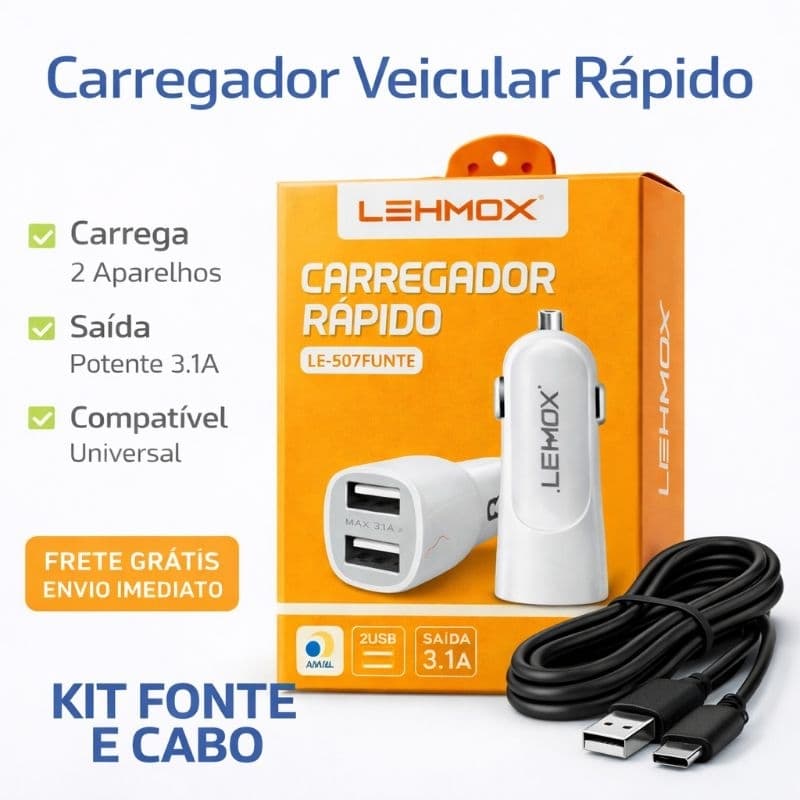 Kit Carregador Veicular Rápido 3.1A + Cabo Tipo-C Lehmox – 2 USB