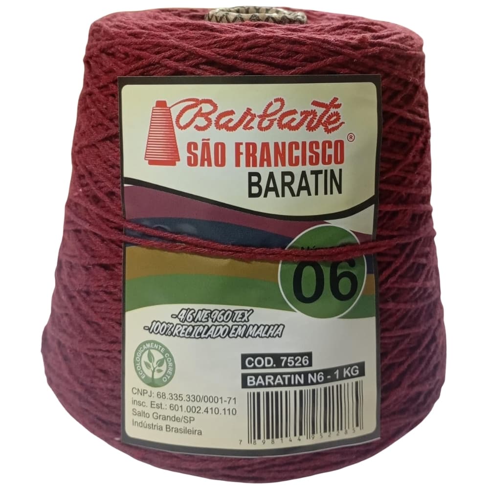 Barbante BARATIN nº06 1kg . Bordô - Algodão reciclado. Linha Para Crochê. Tapete Crochê.