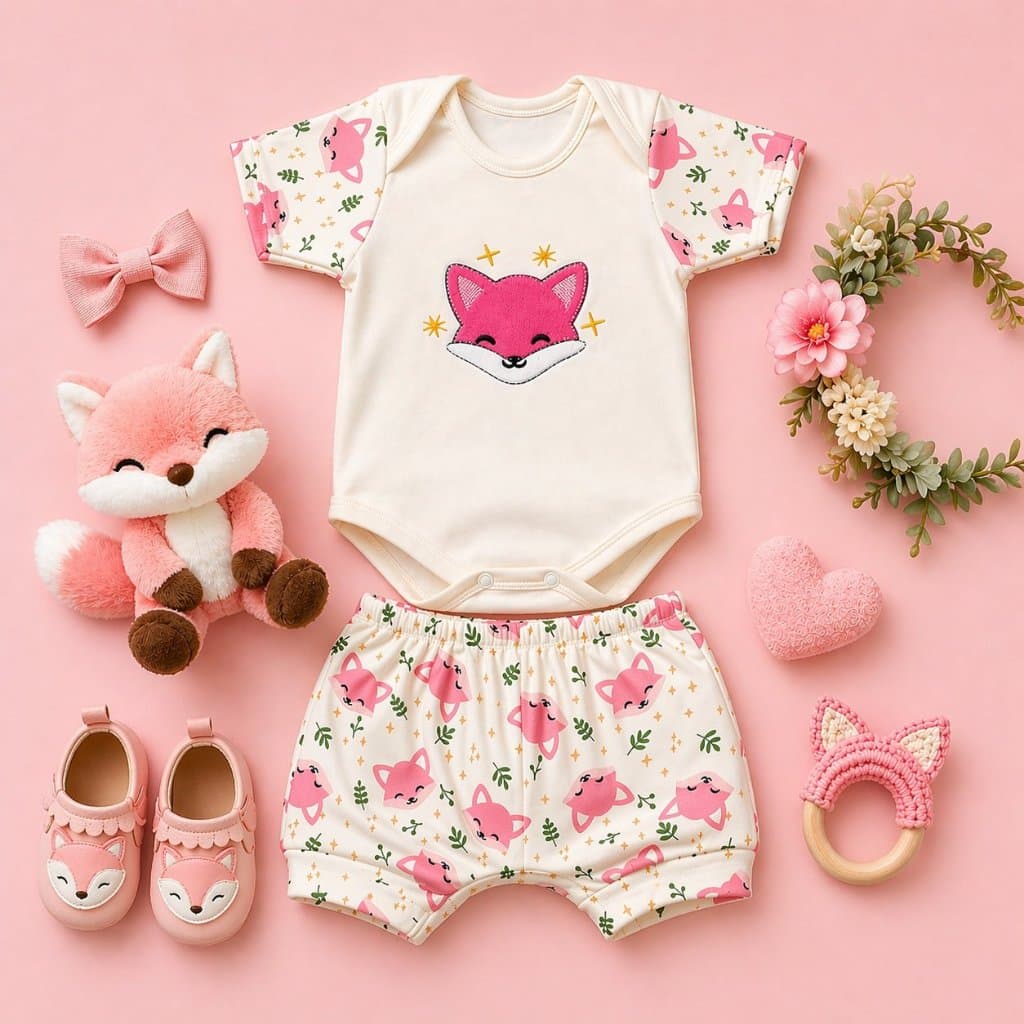 Conjunto Para Bebê Menina Com Bory e Tapa Fraldas em Malha Suedine 100% Algodão Macio e Confortavel
