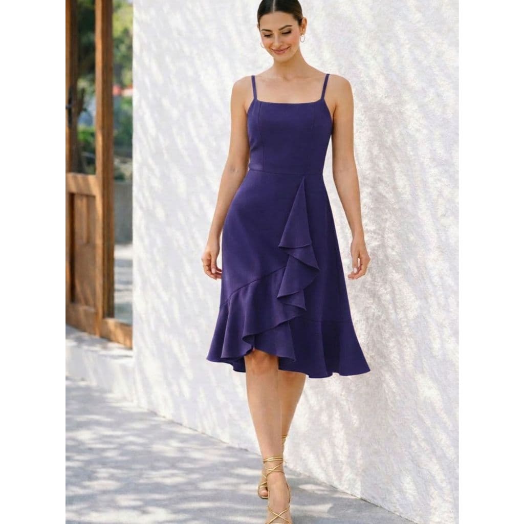 REF: Y549 - Vestido boêmio feminino, vestido justo com alças ajustáveis ​​e bainha assimétrica com babados