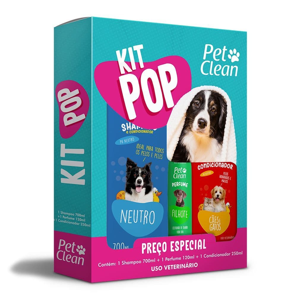 Kit Pop Pet Clean - Shampoo Neutro 700ml , Condicionador 250ml e Perfume 120ml Para Cães e Gatos