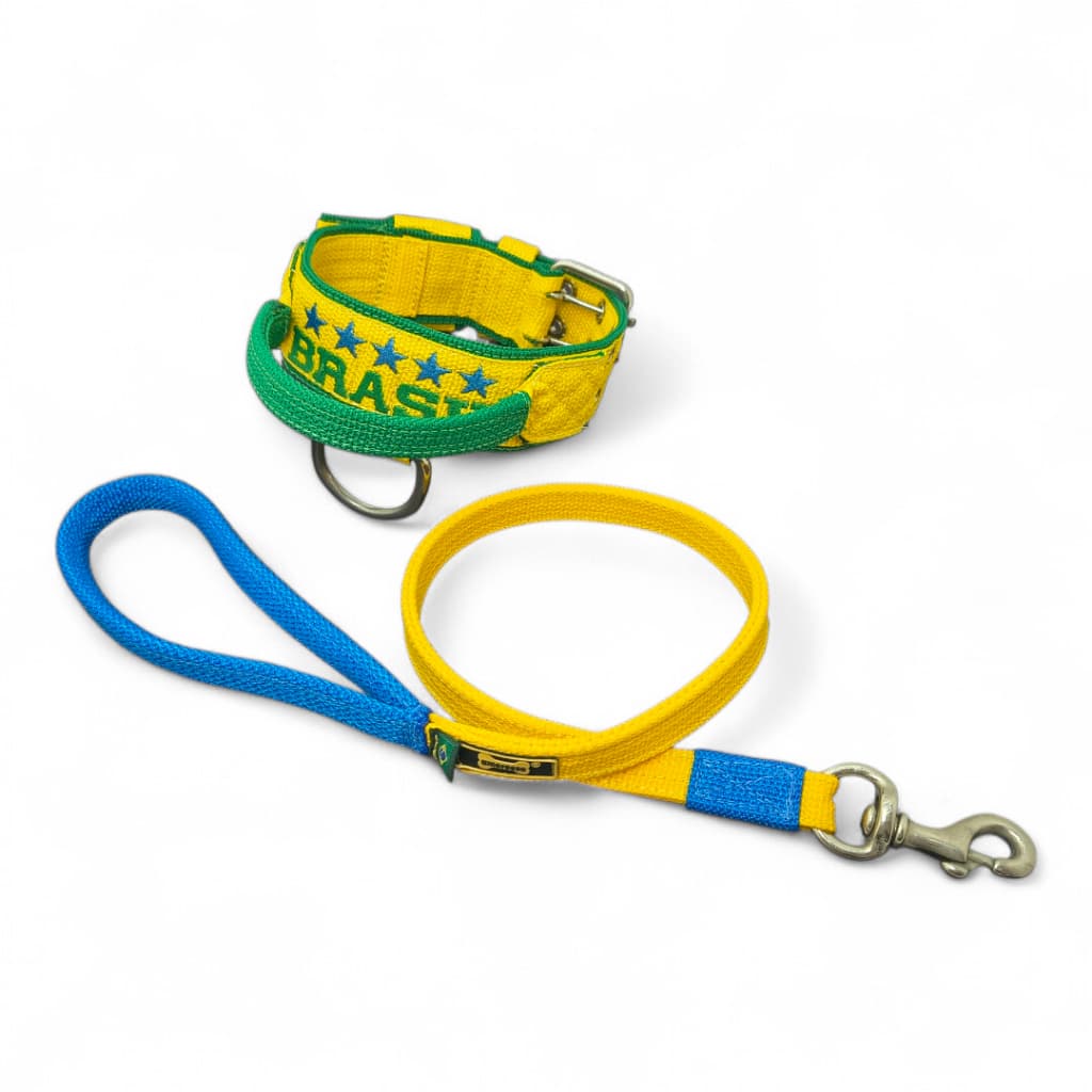 Coleira e Guia Longa 80cm Amarelo/Verde Brasil Cachorro Pet Dog Cão Pitbull Rottweiler Amorosso
