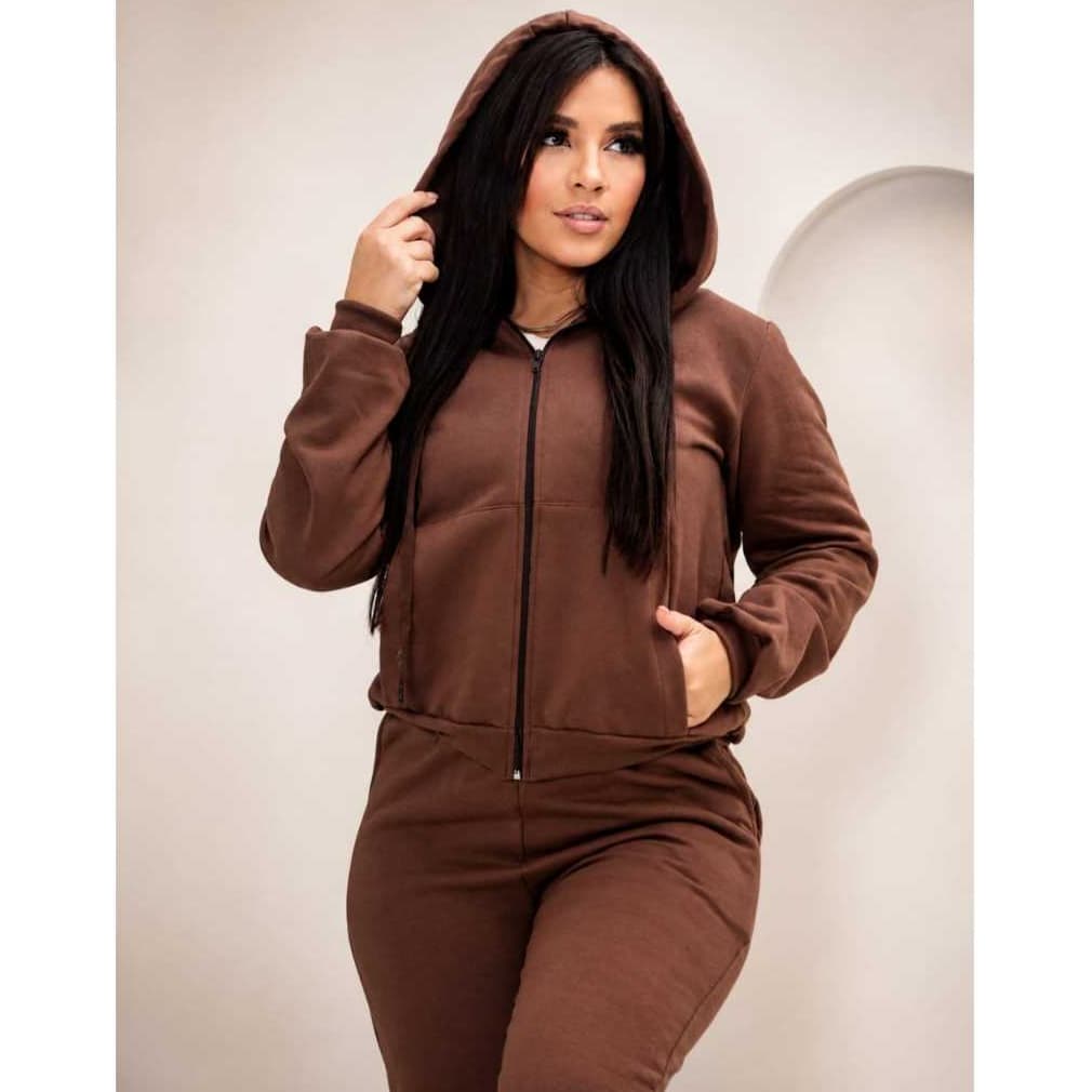 Conjunto Moletom Feminino Com Ziper, Capuz Flanelado Casual Confortavel Moda Inverno