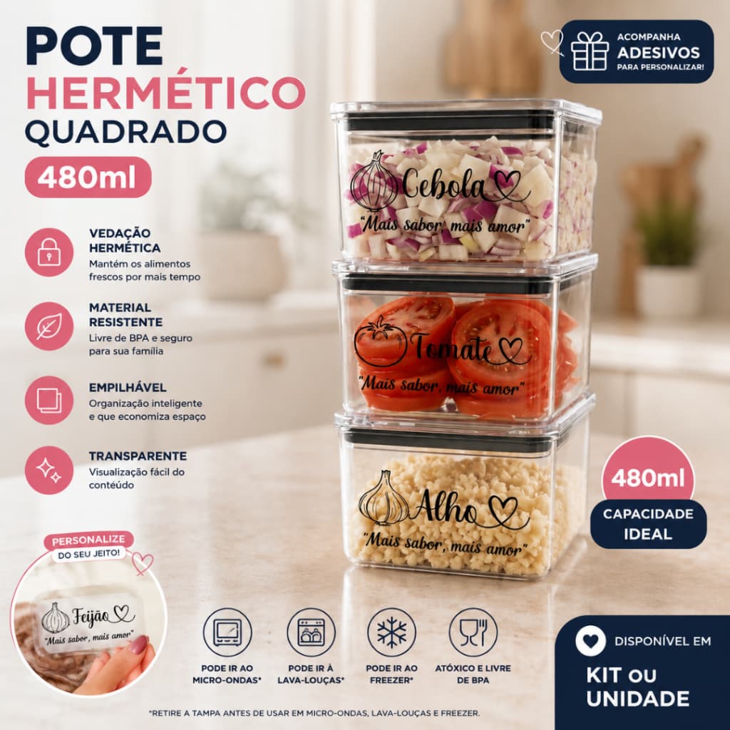kIT 3 Potes 480ml Organizadores Herméticos Acrilico Geladeira Cozinha Porta Tempero Alho Cebola Tomate
