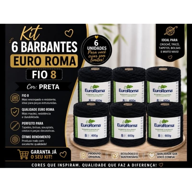 Kit 6 Barbantes EuroRoma Fio 8 – 600g | Cor Preta | Alta Qualidade para Crochê e Artesanato