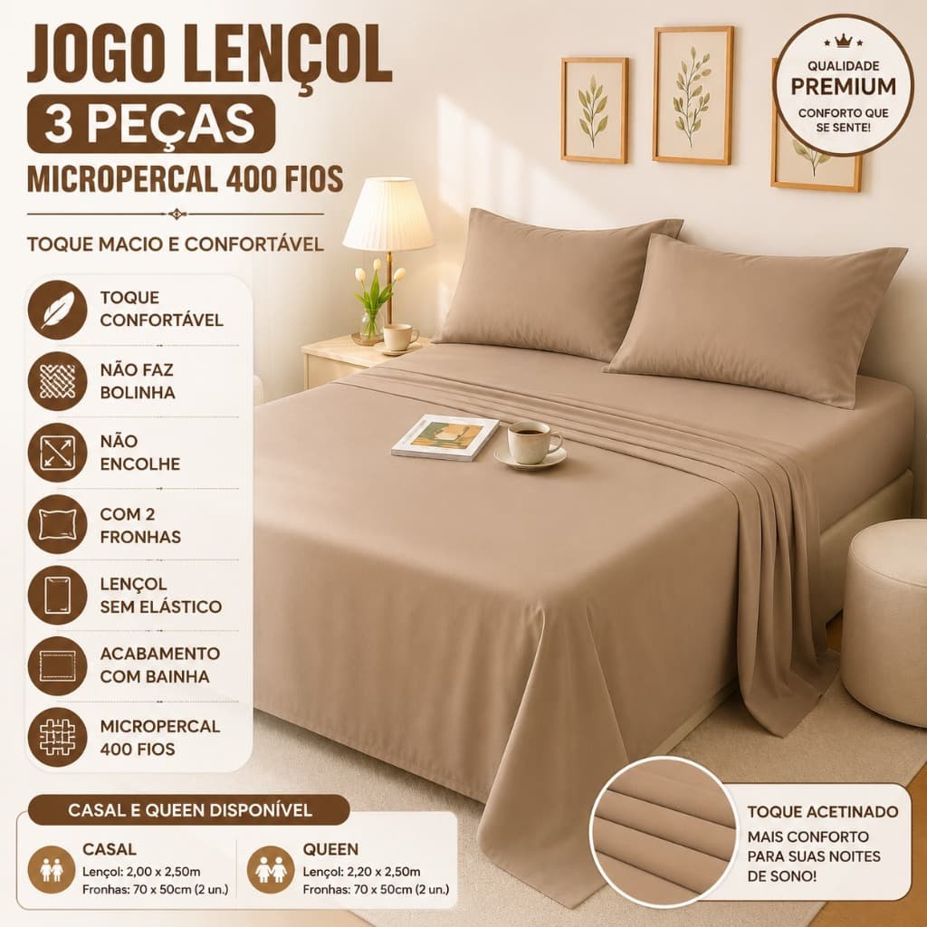 Jogo De Lençol Superior 3PCs Sem Elástico Micropercal 400 Fios Com Bainha Casal Queen Com Fronhas