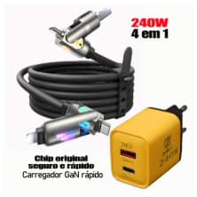 Carregador 240W Ultra Rápido + Cabo USB‑C 4 em 1 Silicone | Seguro, Alta Qualidade e Durável | Cabo 1m/2m