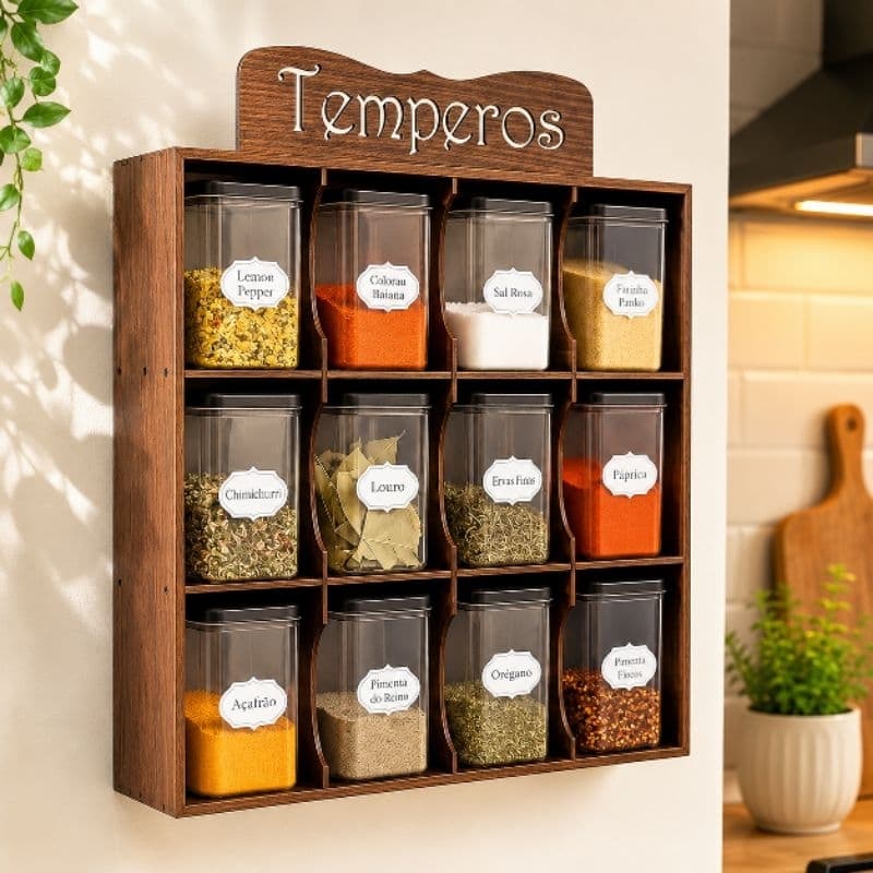 Porta Temperos Parede Mesa ou Bancada MDF Pintado com 12 Porta Condimentos + Cartela De Adesivos