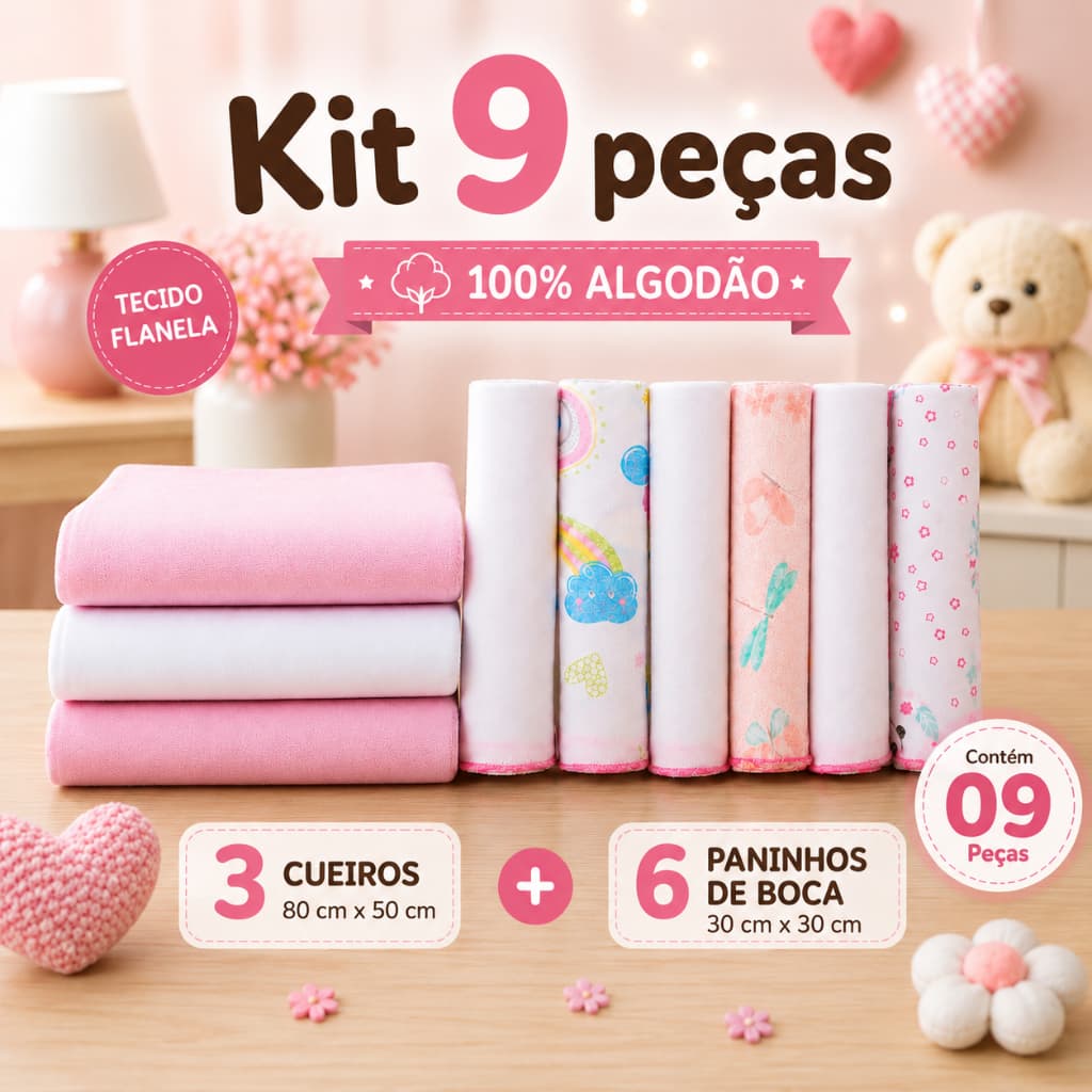 Kit 9 Peças Cueiro Flanelado e Paninhos de Boca Bebê 100% Algodão Enxoval Infantil Manta Charutinho Menino Menina Babete