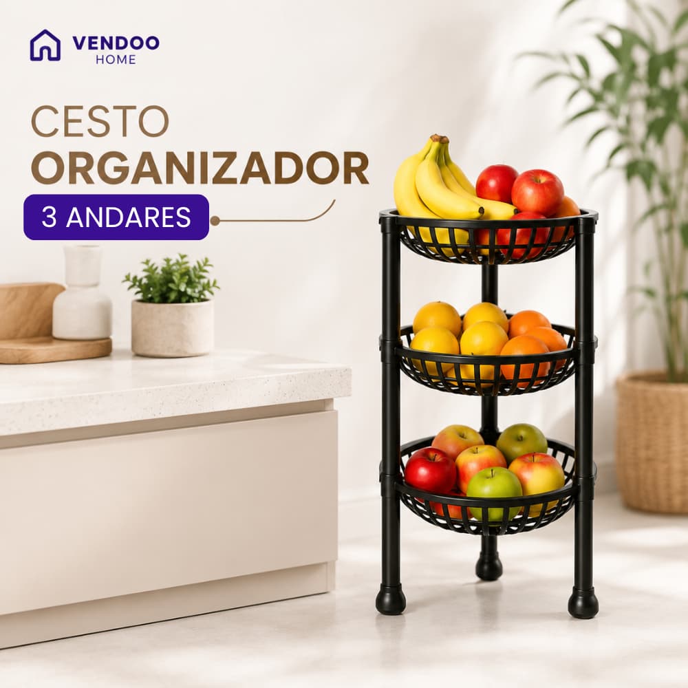 Cesto Organizador 3 Andares Fruteira Multiuso Cozinha Preto Porta Frutas