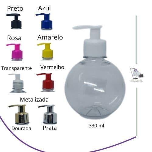 Frascos Formato Bola 330 ml PET c/Válvula Metalizada para Sabonete, Creme, Shampoo