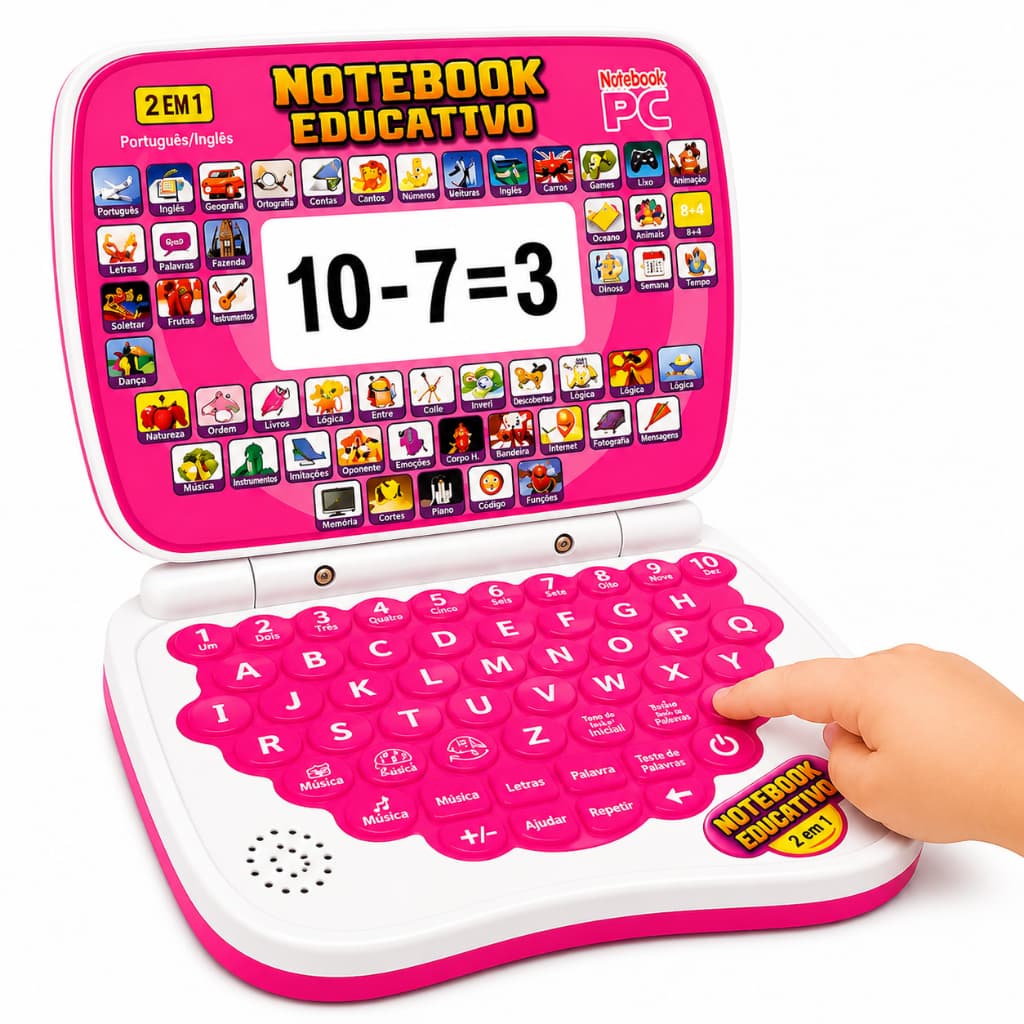 Brinquedo Notebook Infantil Rosa Menina Educativo Bilíngue Inglês Espanhol Musical Matemática