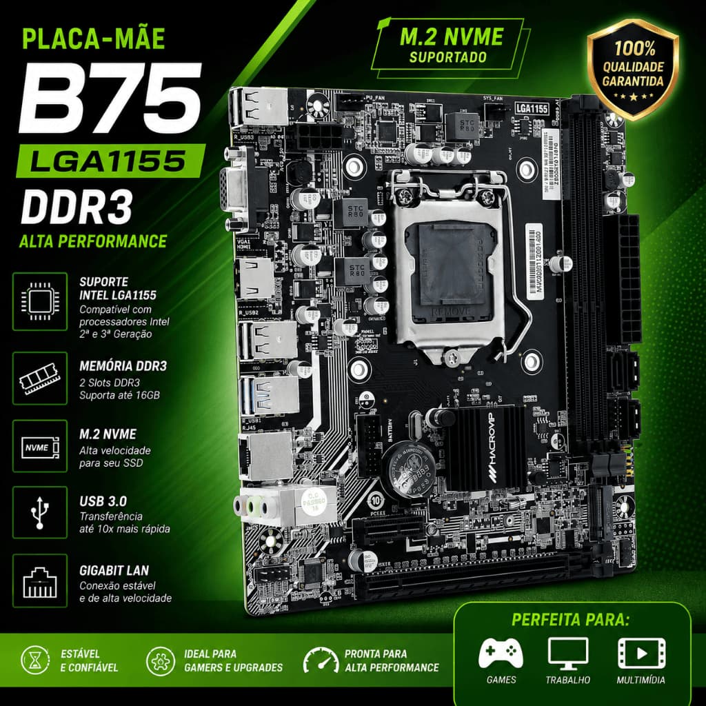 Placa Mãe Gamer LGA 1155 MacroVip B75 DDR3 16GB M2 NVMe HDMI Intel i3 i5 i7 para Computadores de Jogos