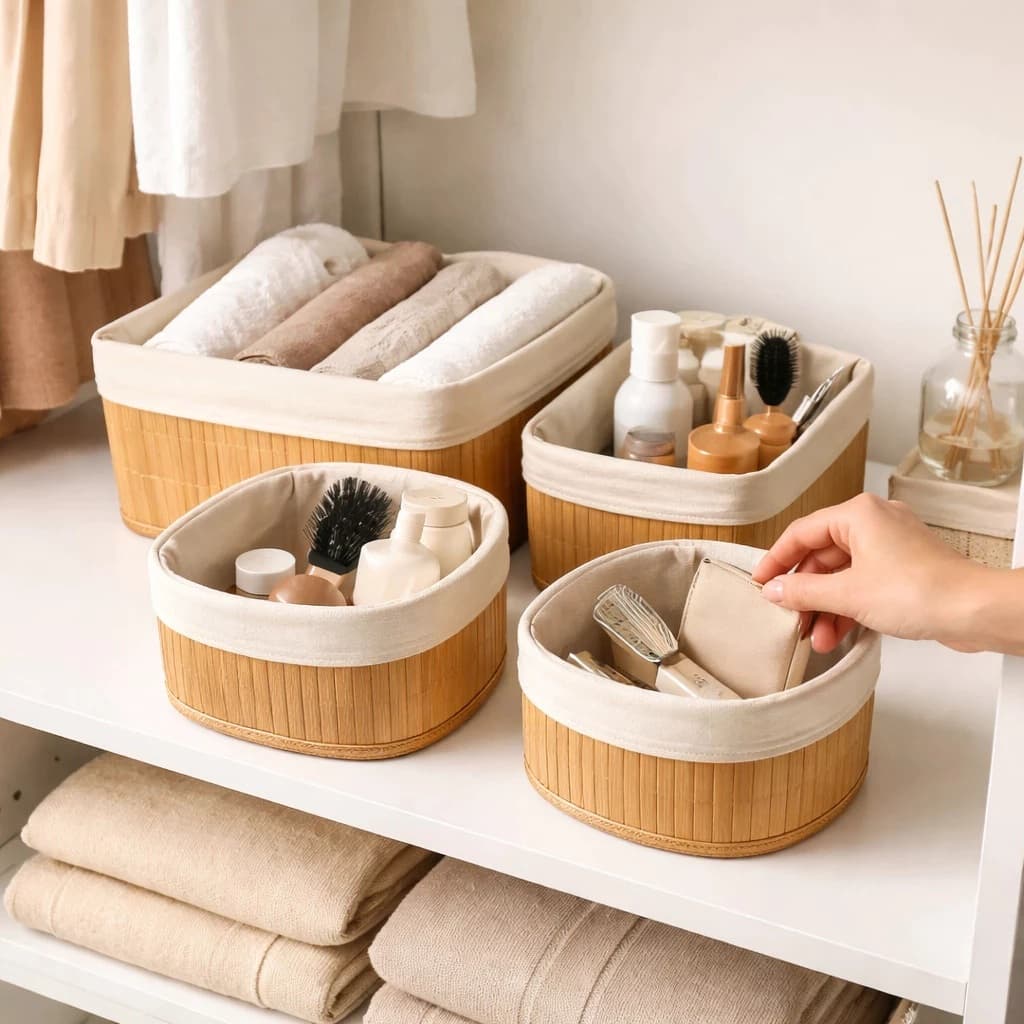 Conjunto com 4 Cestos Organizadores Bambu Natural Bege Multiuso Banheiro Quarto Escritório