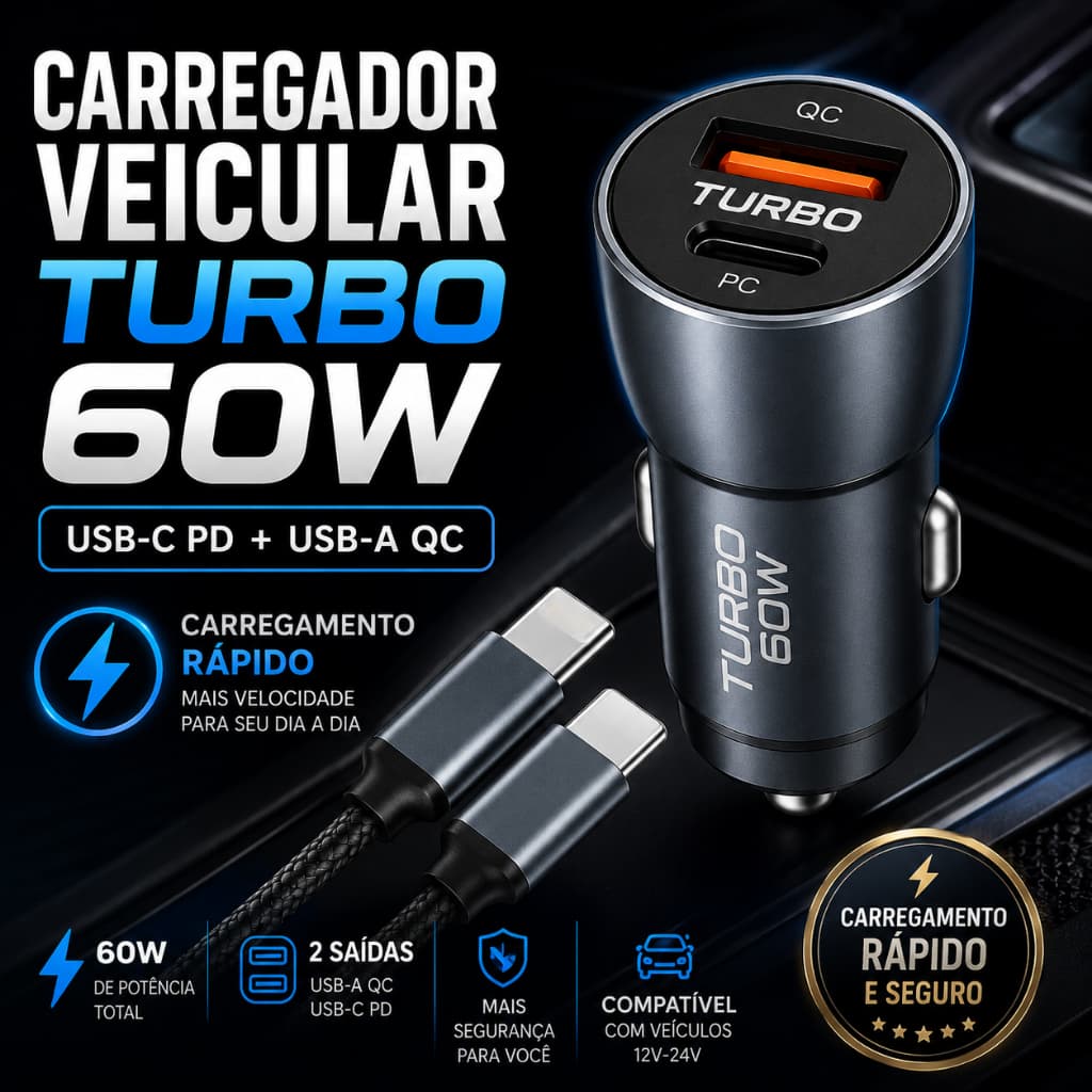 Carregador Veicular Turbo 60W USB-C PD Carregamento Rápido iPhone 11 12 13 14 Cabo Lightning 1m