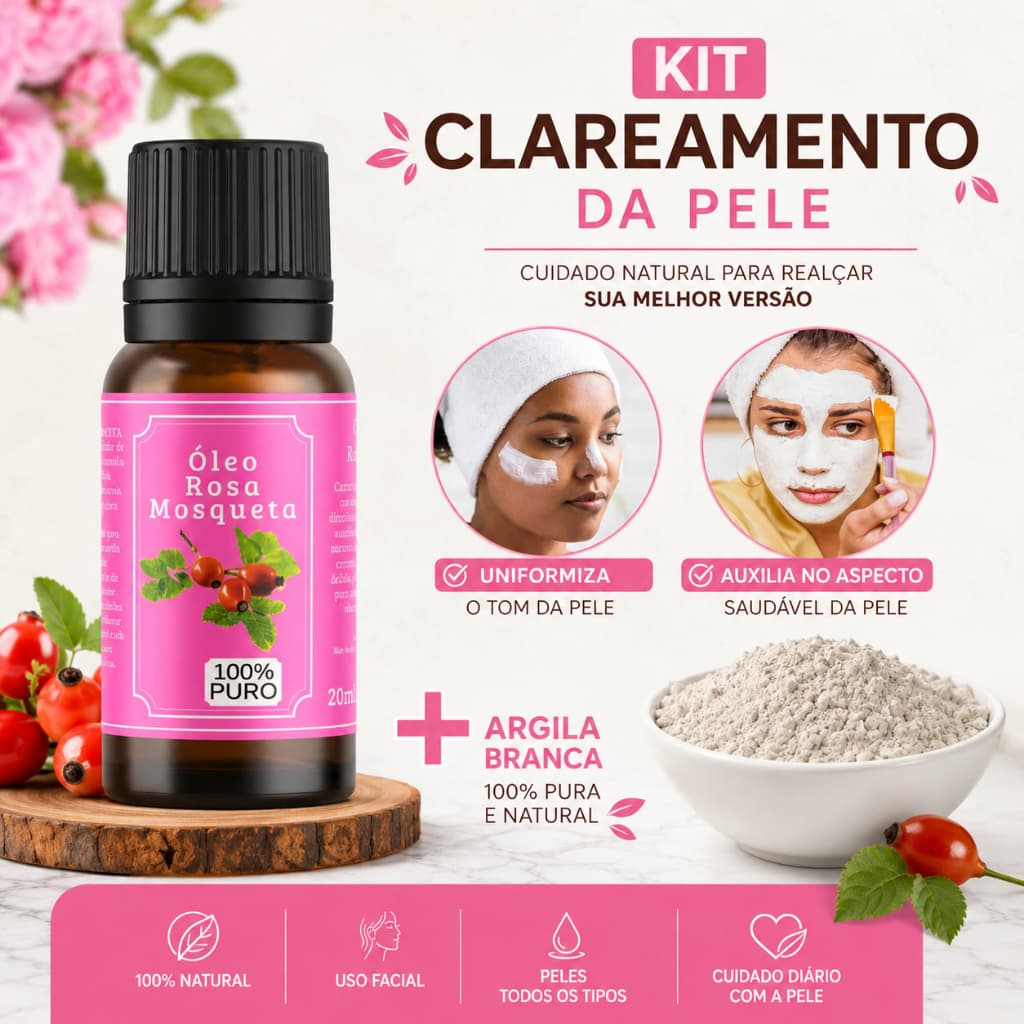 Kit Clareador de Manchas - Óleo de Rosa Mosqueta Puro + Argila Branca 1kg Anti-Idade Skincare