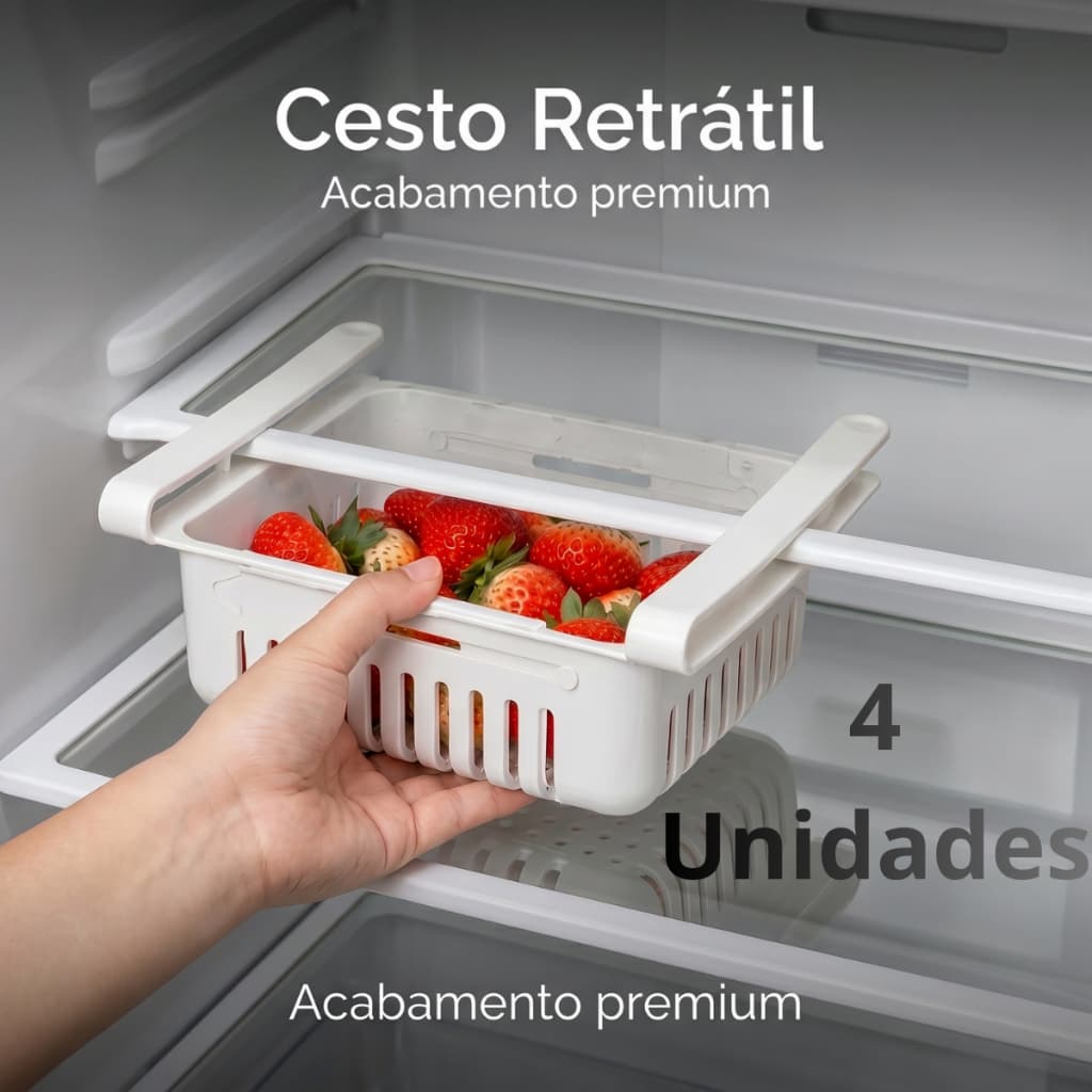 Kit 4 Gavetas Organizador Retrátil Plástico Geladeira Cesto Multiuso Ajustável Cozinha