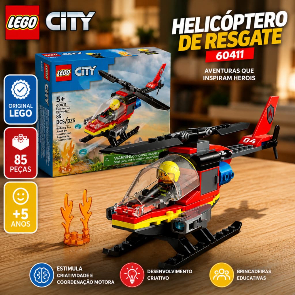 LEGO City Helicóptero de Resgate 60411 Original 85 Peças Brinquedo de Montar Infantil 5+