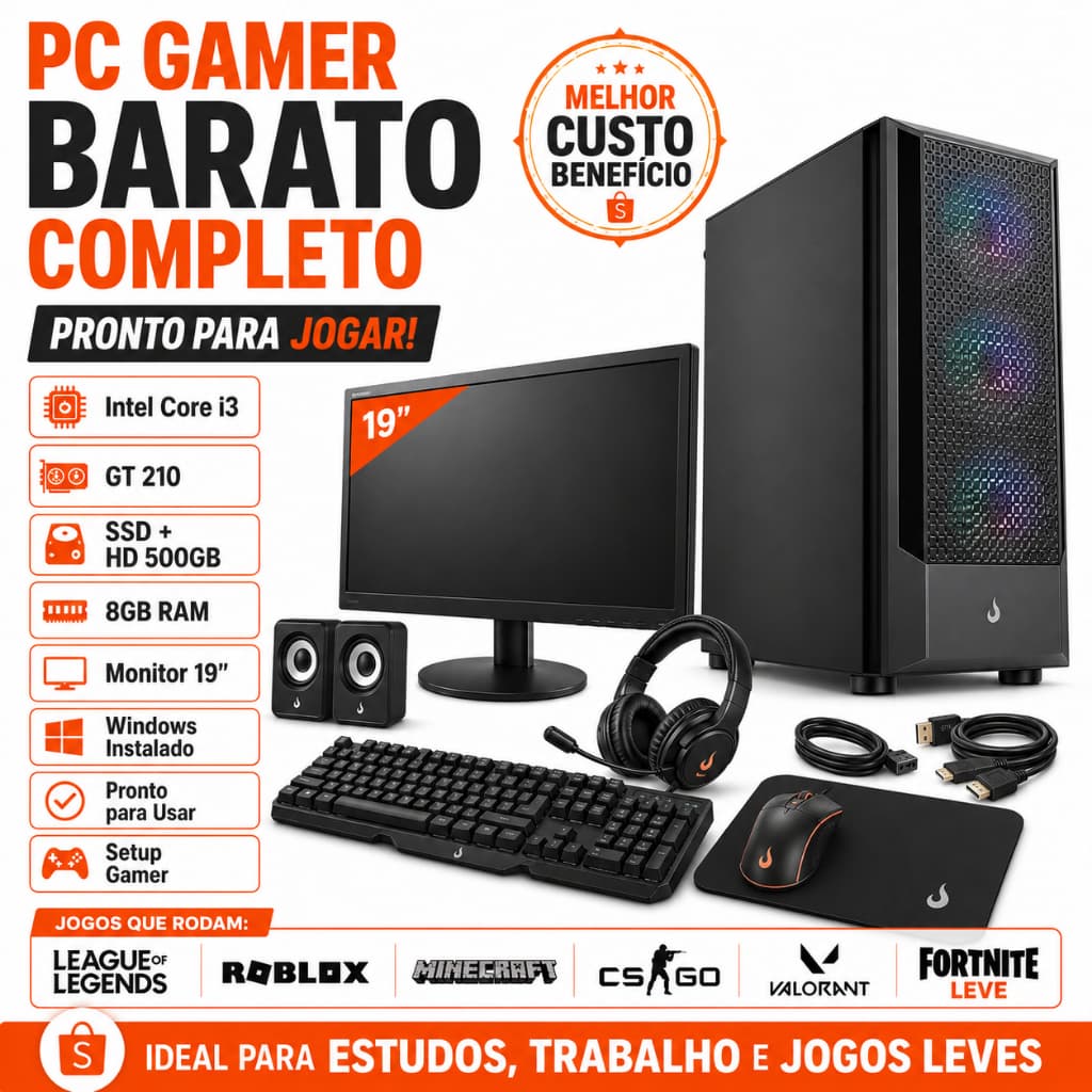 PC Gamer Barato Completo i3 GT 210 SSD+HD 500GB Setup Gamer Monitor 19 Windows