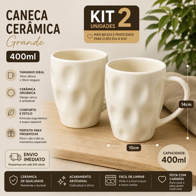 Kit 2 Caneca Cermica Grande 14x10 Café Chá Chocolate Caneca Duna 390ml Resitente Ceramica Orgânica