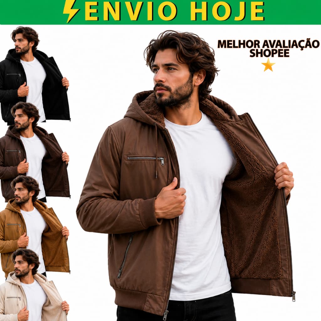 Jaqueta Masculina Sarja com Capuz Removível Forrada Peluciada Frio Inverno