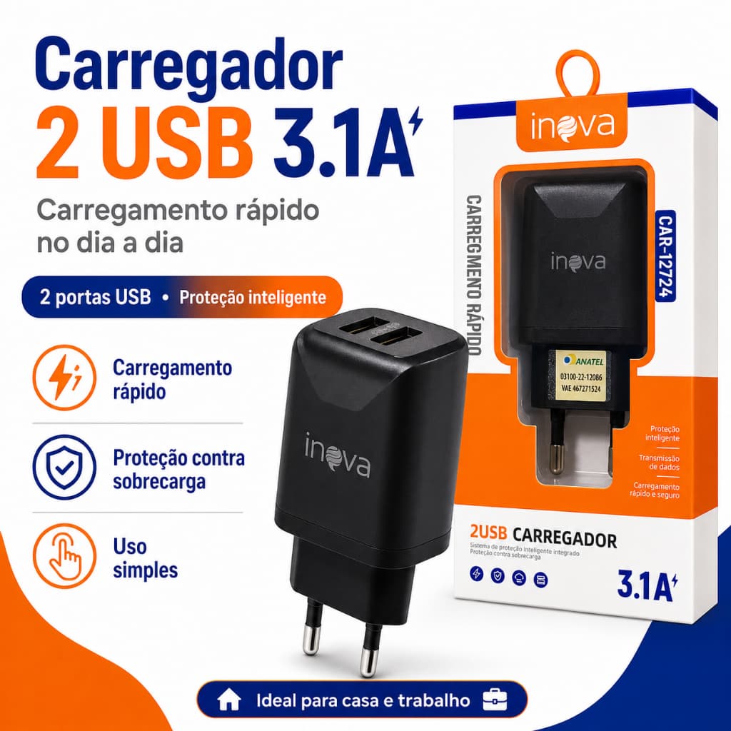 Carregador Inova CAR-12724 2 USB 3.1A Preto Tomada Carregamento Rápido Celular Tablet