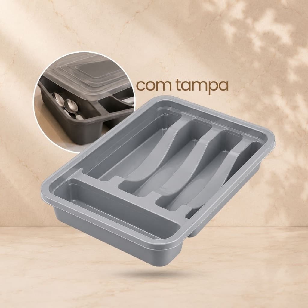 Porta Talheres Com Tampa 4 Divisórias Organizador Cozinha Plástico Cinza Compacto Multiuso