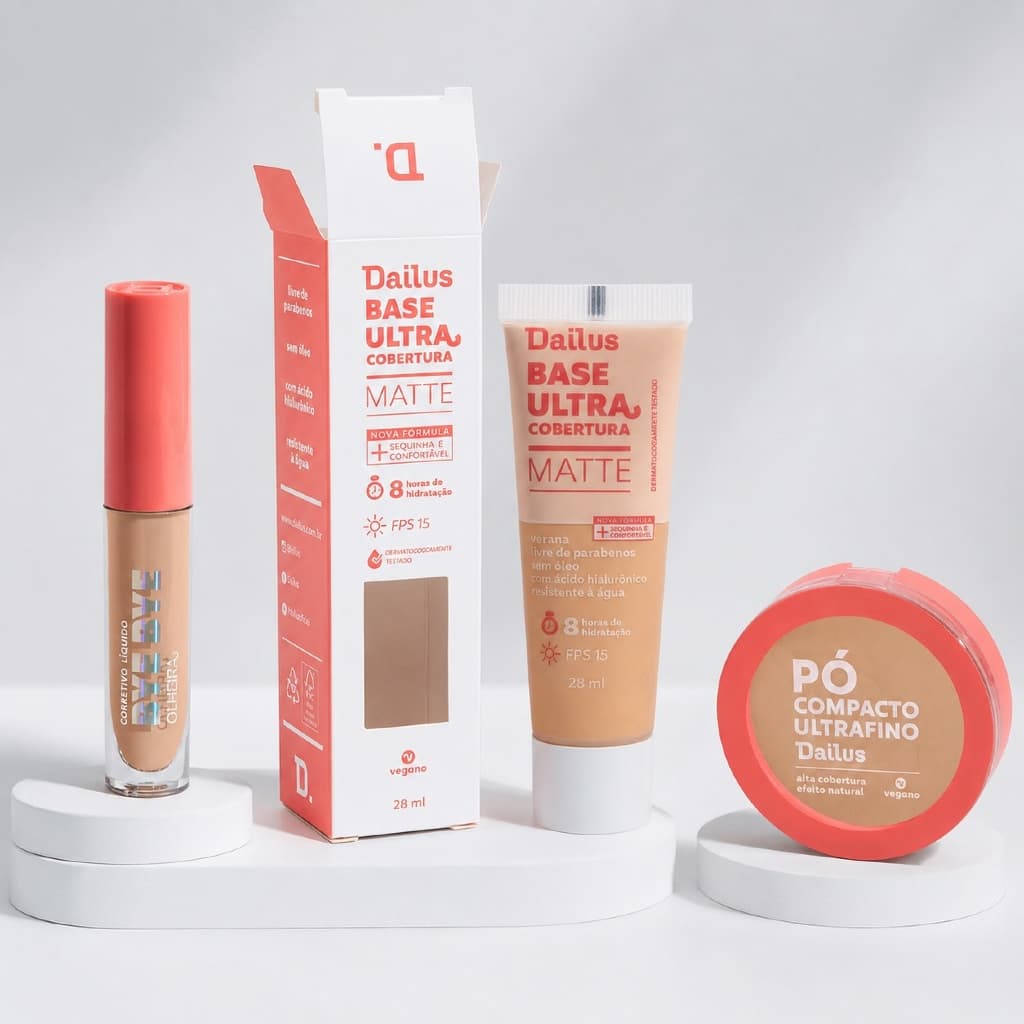 Kit Dailus Pele Perfeita | Base Ultra + Corretivo Bye Bye Olheira + Pó Compacto