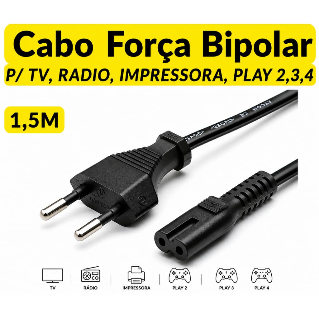 Cabo de Energia Força Bipolar TV, Impressora, Radio, PS2 PS3